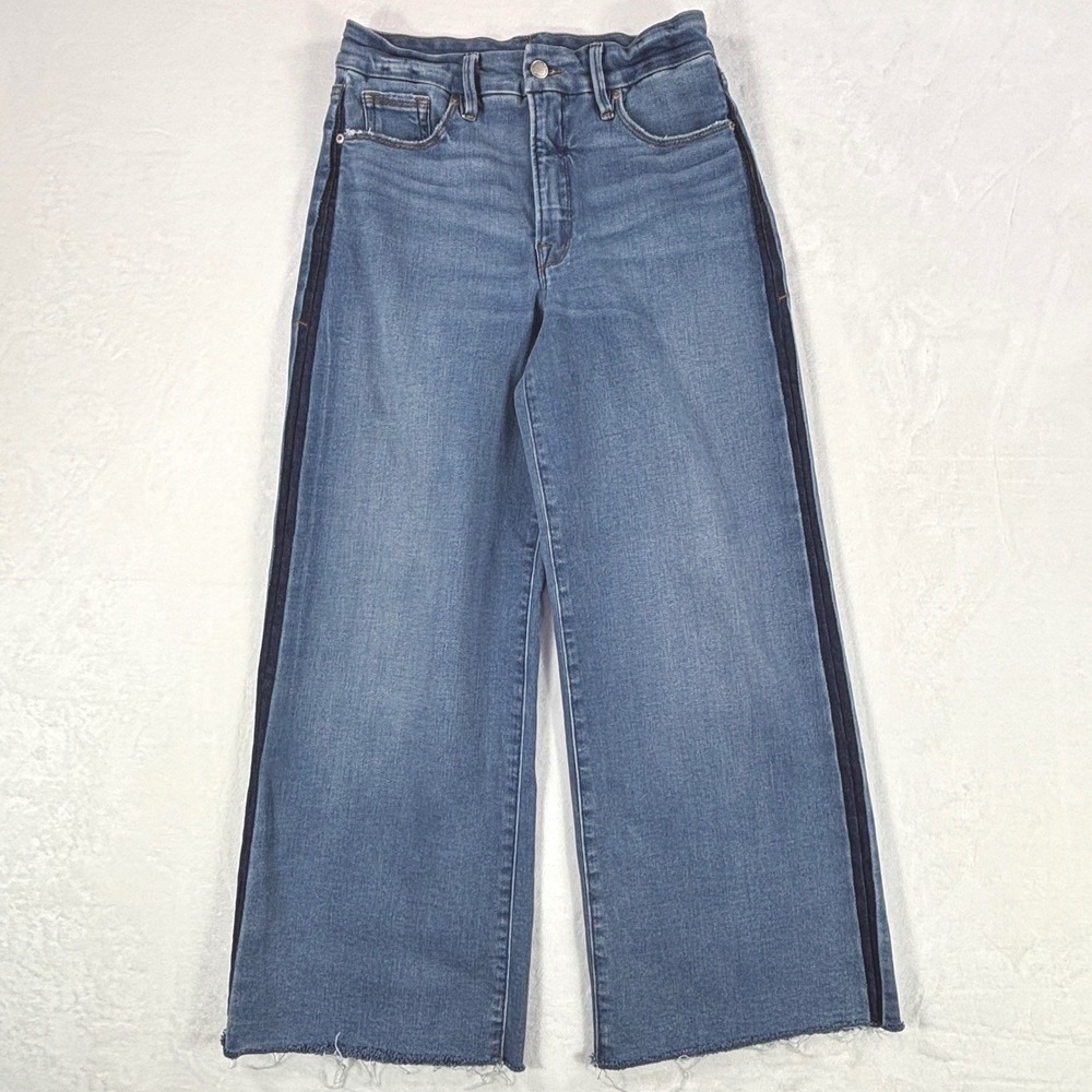 Good American Good Waist Palazzo Crop Jeans Blue Side Stripe Wide Leg 8/29